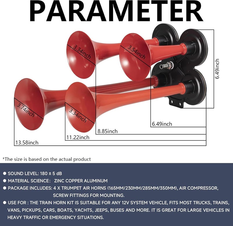 banhao Car Horn 4 Trumpet for Truck Air Horn 180dB Train Horn Kit for 12v Vehicle Loud with Compressor and Switch Button? - Image 3